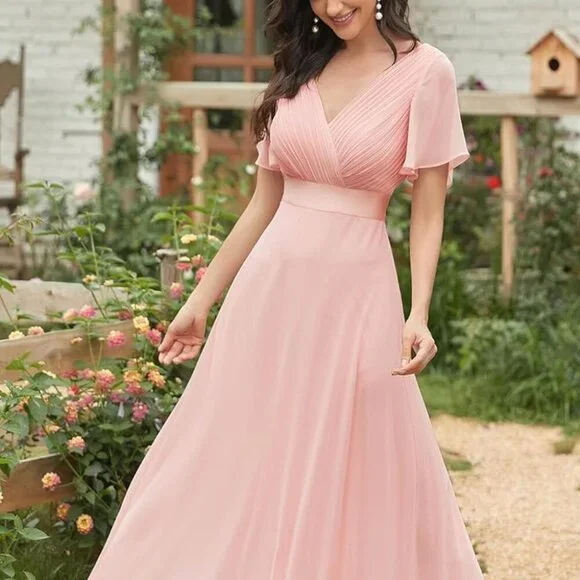 Surplice Flutter Sleeve Maxi Dress | A-Line Formal Solid Dress - Picture 1 of 9